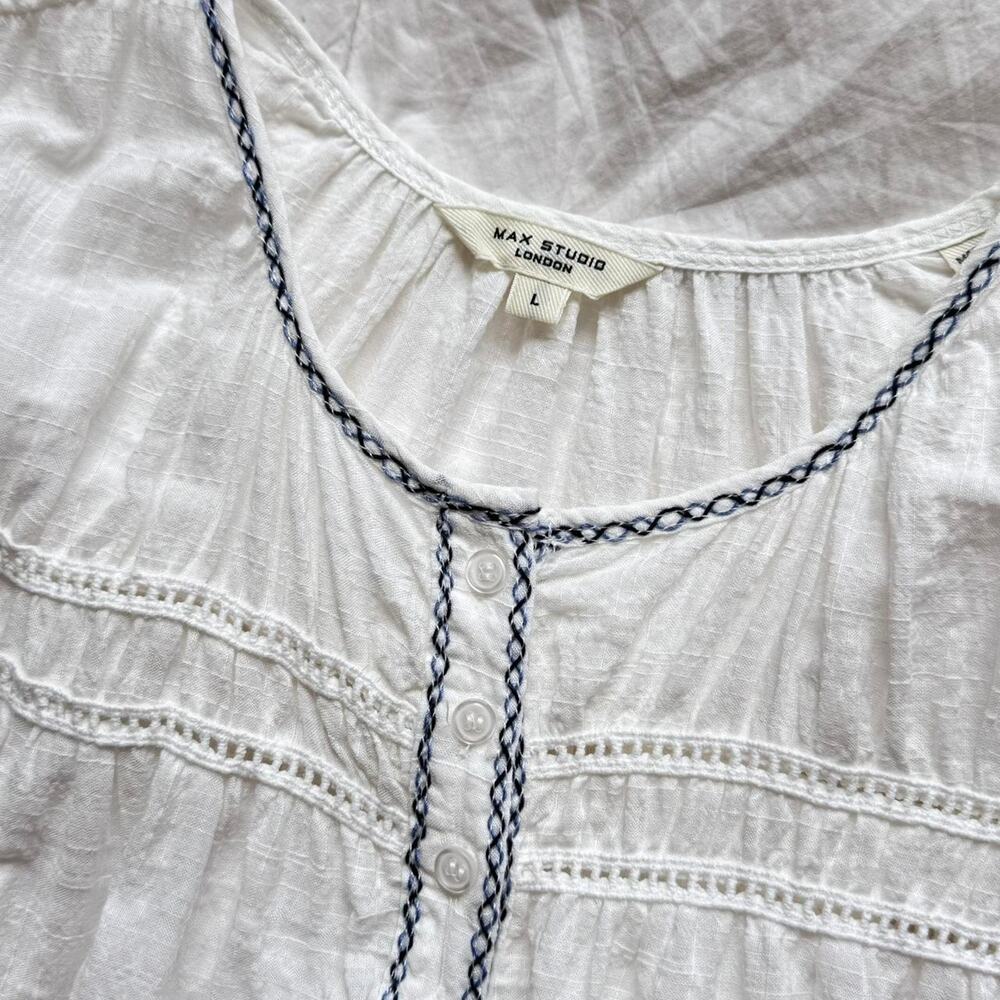 max studio embroidered whimsical top sz L blue floral folk romantic boho peasant - Picture 7 of 8